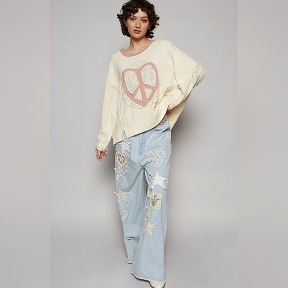 P29. NEW POL Boho Patchwork Heart Peace Knit Relaxed Vintage Wash Cream New Item - Picture 3 of 7